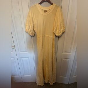 Free People Brentwood 100% Cotton Butter Yellow Maxi Dress Puff Sleeve Size Med